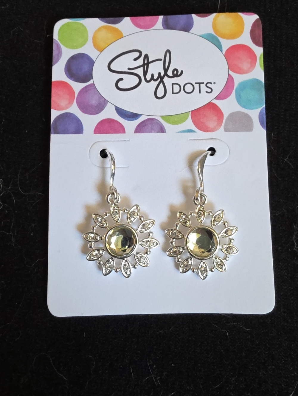 STYLE DOTS Silver Sunflower Drop Earrings with Pale Yellow Gem